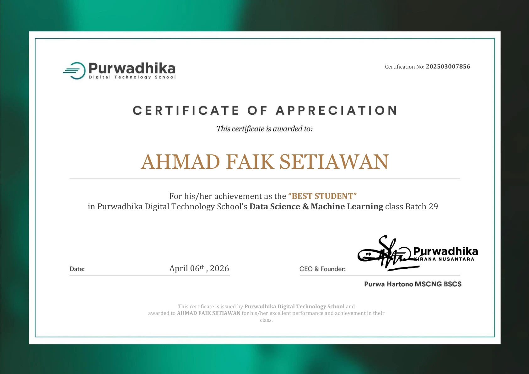 Best Student in Data Science Program Certificate