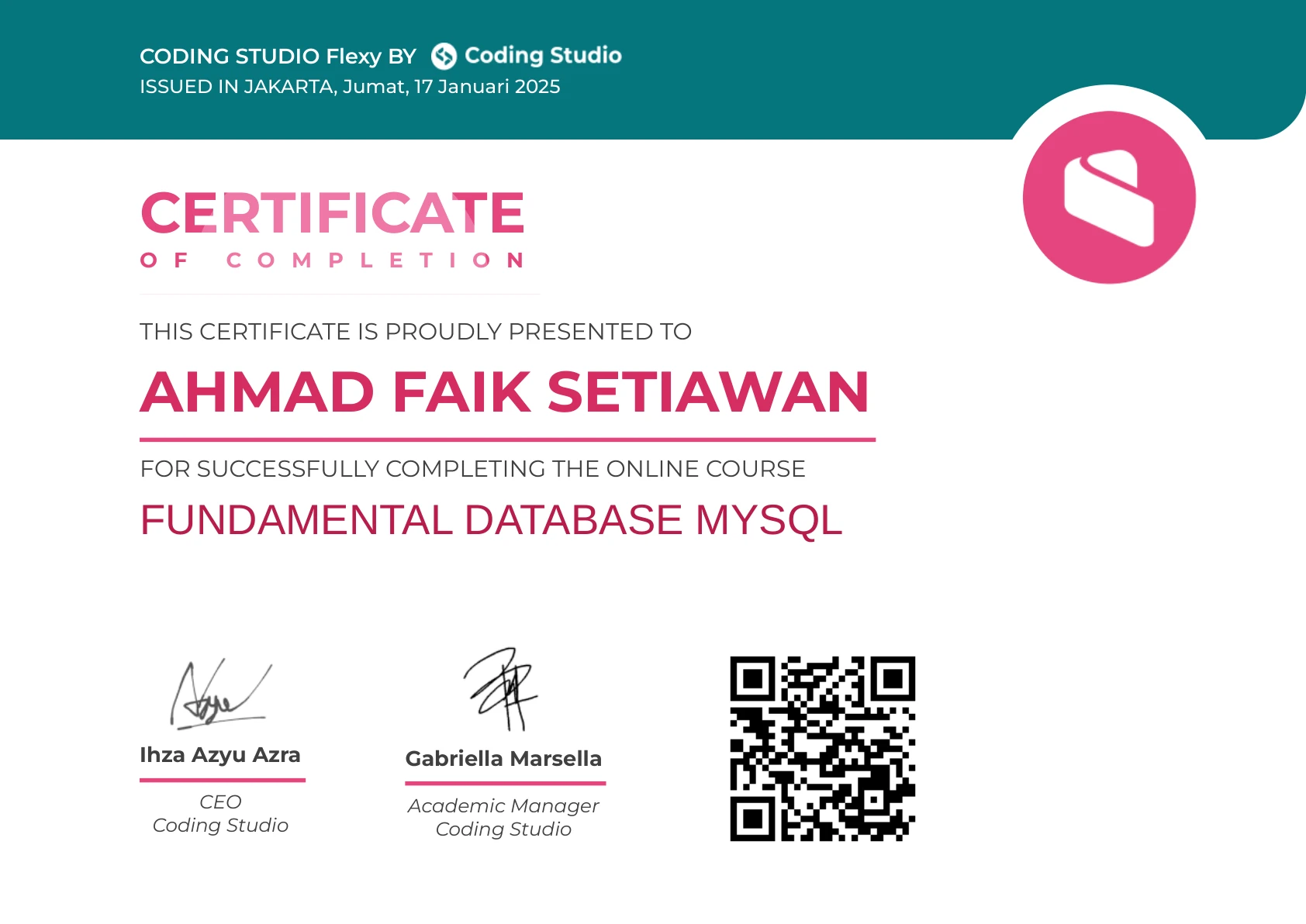 Fundamentals of Database SQL Certificate